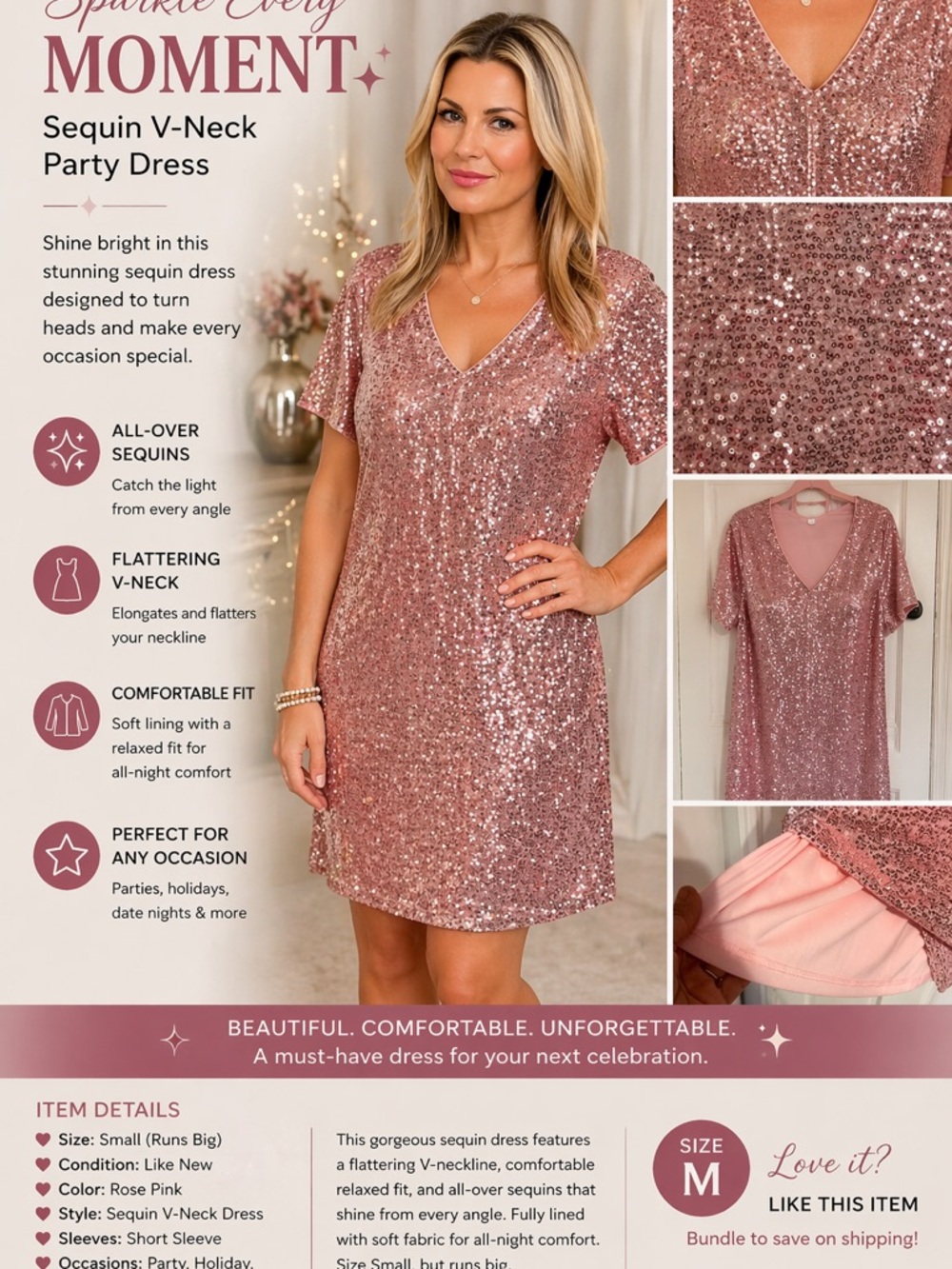 Pink Sequin V-Neck Top